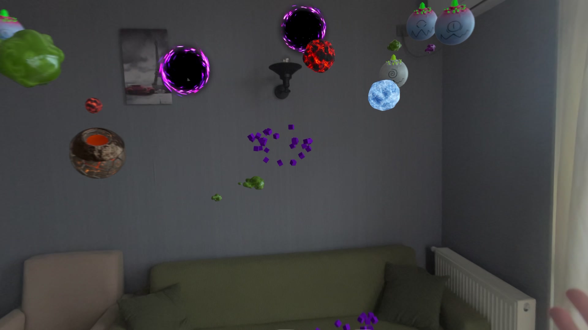 Portals with neon rims opening across a real room wall and ceiling
