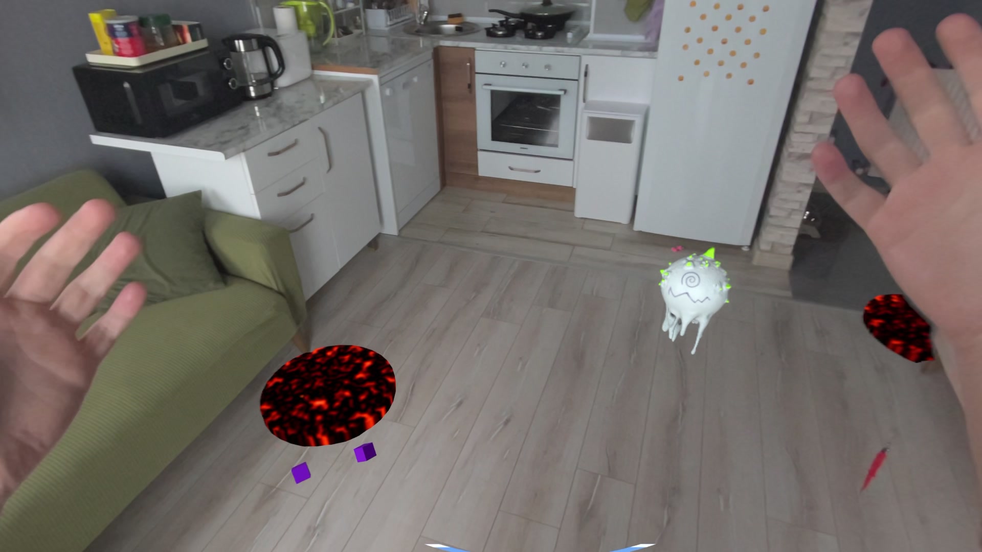 A spiked enemy advancing across a kitchen floor past lava cracks