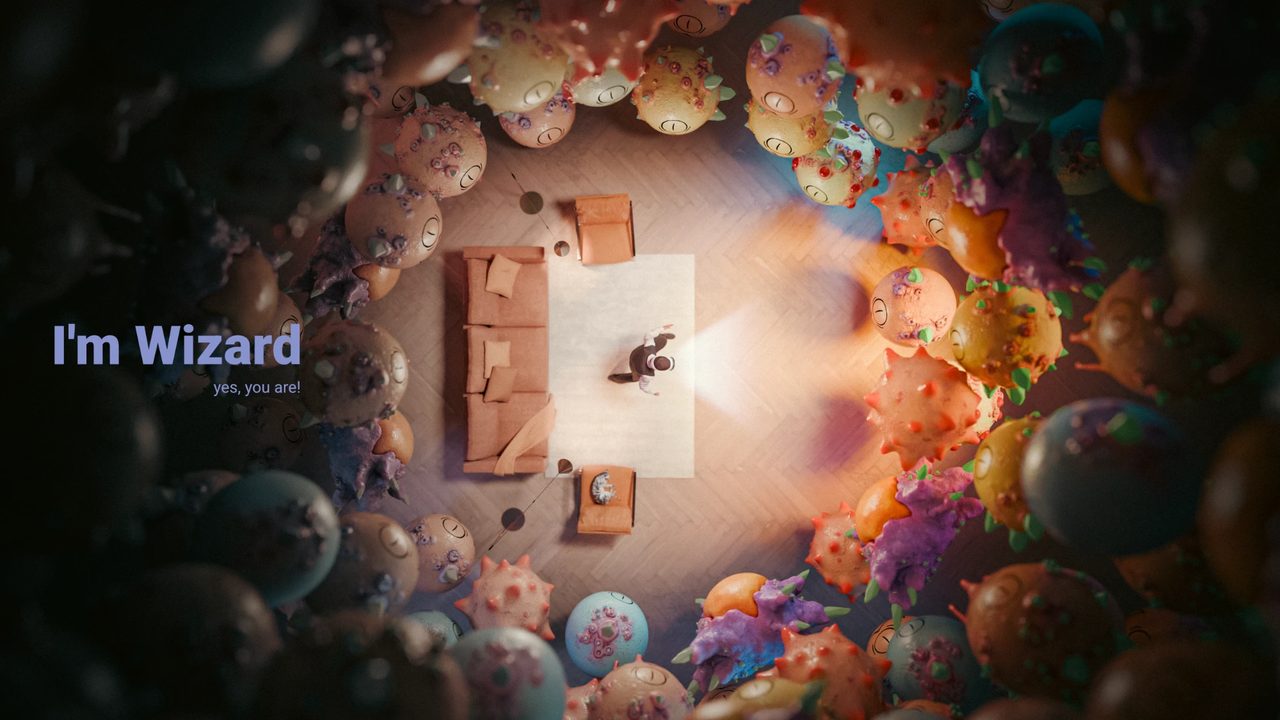 Top-down view of a living room surrounded by a ring of monsters, lit by a glowing spell